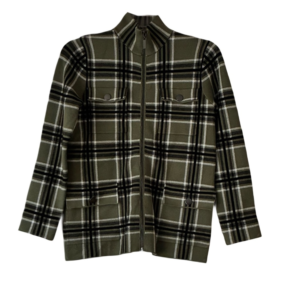 Rachel Zoe Sweater Jacket, Sz. XS, Green/Black/White Plaid, Full Zip, Pockets